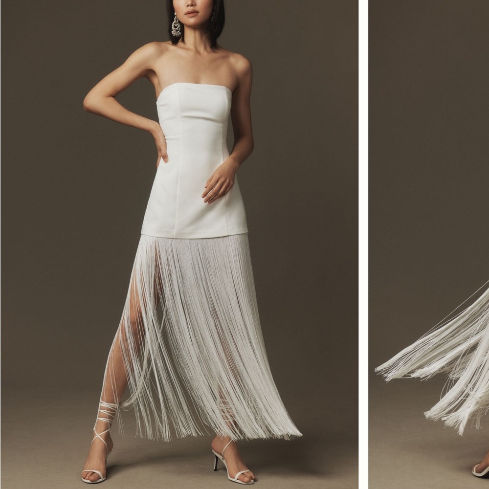 Anthropologie White Strapless Fringe Dress
